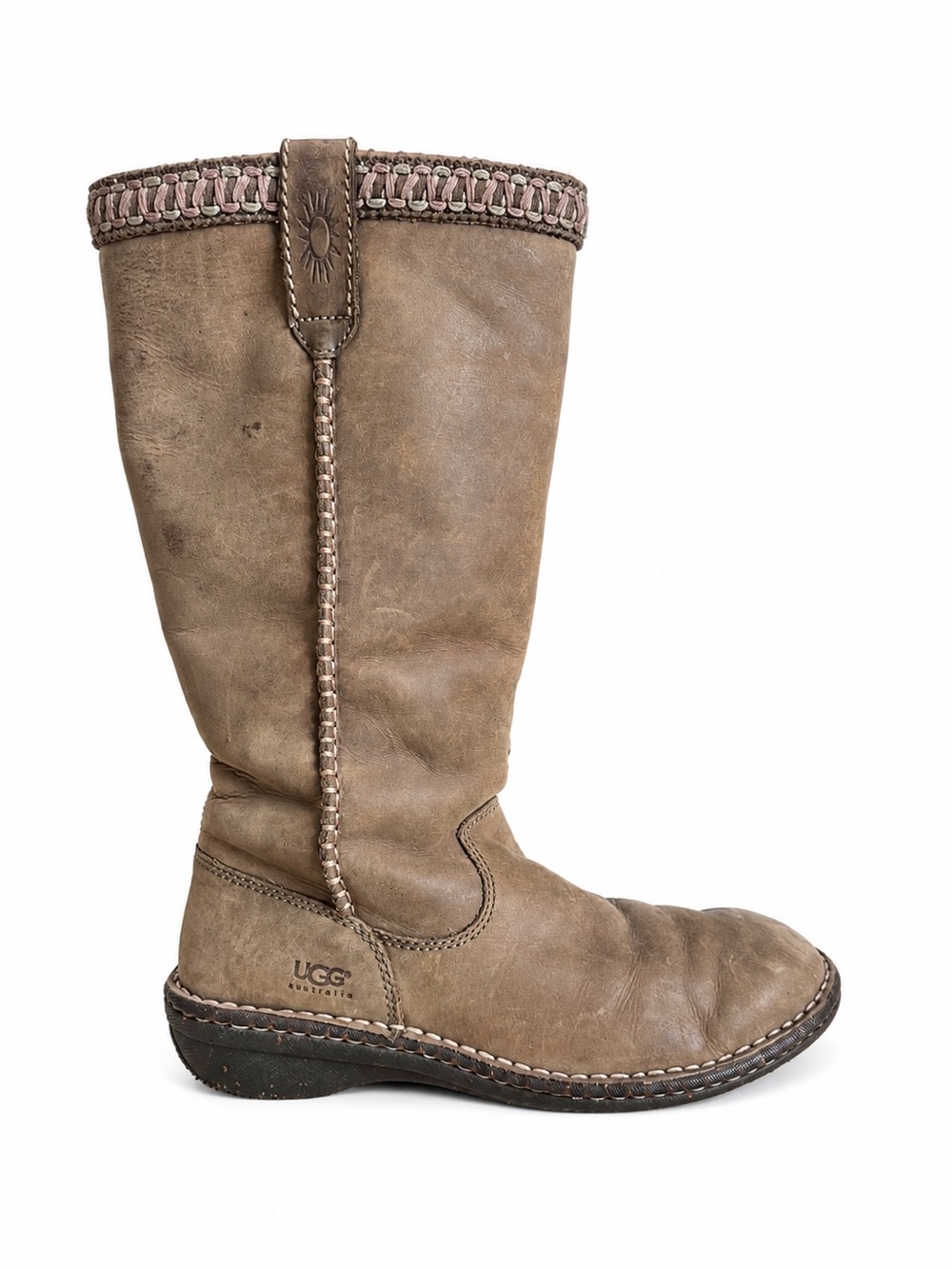 UGG Swell Talk Leather Tall Boots Brown Shearling Lined Size 6